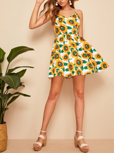 Load image into Gallery viewer, Knot Back Sunflower Print Sexy Cami High Waist Mini Dress