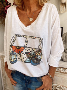Printed V-Neck Loose Long-Sleeved T-Shirt