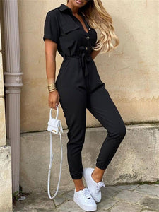 Short Sleeve Solid Color Jumpsuit