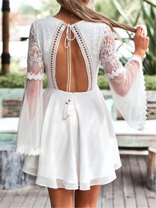 Sexy Backless Lace Cutout Flare Sleeve Mini Dresses