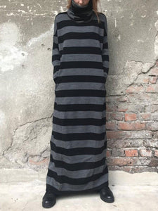 Loose Casual Turtleneck Long Sleeve Pocket Striped Maxi Dress