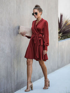 Loose Slim Dress V-neck Tie with Irregular Skirt Wrap Skirt