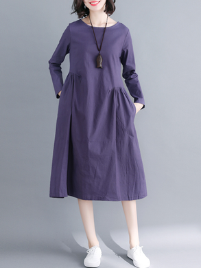 Simple Wind Asymmetrical Loose Linen Long Sleeve Dress