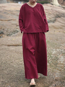 Pure color V-neck Loose Comfortable Suits