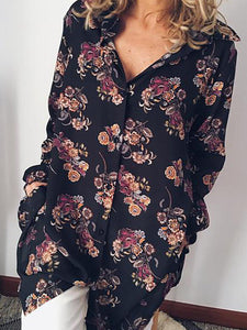 Print V-Neck Long Sleeves Button Up Casual Shirt Blouses