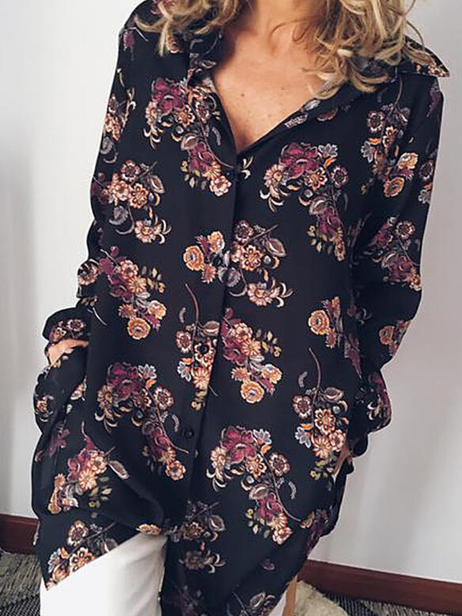 Print V-Neck Long Sleeves Button Up Casual Shirt Blouses