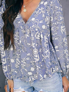 Printed Folds V-Neck Long Sleeve Shirt