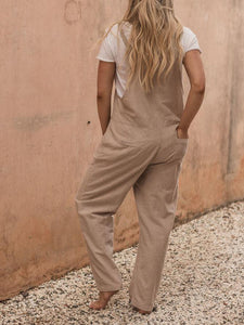 Women Chic Cotton Linen Overalls Casual Jumpsuit