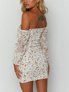 One Word Shoulder Wrapped Chest with Ruffles and Slim Flowers Mini Dress