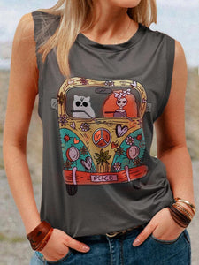 Round Neck Print Sleeveless T-Shirt