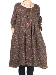 Small Print Large Size Long Sleeved Pocket Dress