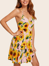 Load image into Gallery viewer, Backless Tie Back Slip Sunflower Print Button Mini Dress