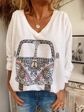 Printed V-Neck Long Sleeve T-Shirt