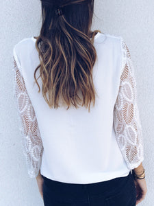V-neck Buttons 3/4 Lace Sleeves Blouses