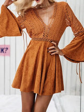 Load image into Gallery viewer, Bohemian Open Back Lace Long Bell Sleeve Mini Dress