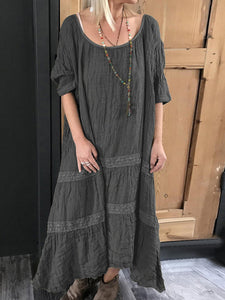 Short-Sleeved Round Neck Loose Cotton Linen Casual Dress