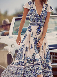 Fashion Bohemian Print V-neck Sleeveless Dress