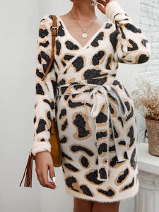 Leopard Print Long Sleeve Lace Up Maternity Dress