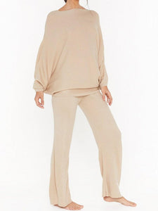 Solid Color Round Neck Knitted Bat Sleeve Top Pants Two-piece Suit