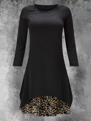 High-necked Leopard Print Stitching Sleeve Long-sleeved Long T-shirt