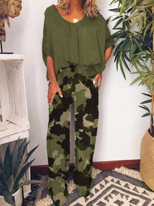 Fashionable Casual Loose Top Pants Camouflage Print Suit