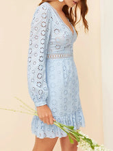 Load image into Gallery viewer, Boho Plunging Neck Lace Insert Embroidered Eyelet Mini Dress