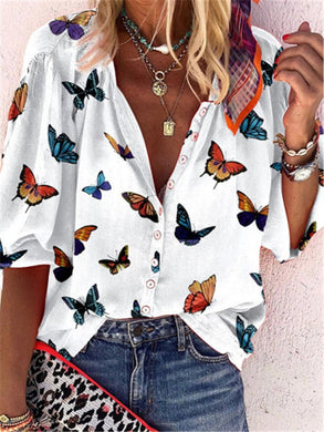 Butterfly Pattern Half Sleeve V Neck Shirt