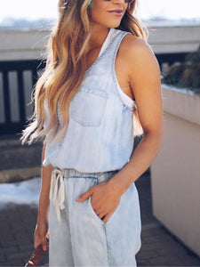 Women's Casual Drawstring Denim Sleeveless Jumpsuit