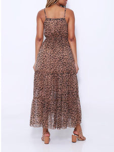 Halter Ruffle Waist Leopard Print Maxi Dress