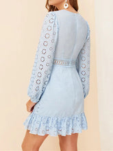 Load image into Gallery viewer, Boho Plunging Neck Lace Insert Embroidered Eyelet Mini Dress