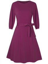 Load image into Gallery viewer, Round Neck Solid Color Waist Long Sleeve Dress with Belt