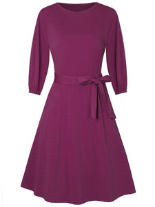 Round Neck Solid Color Waist Long Sleeve Dress with Belt