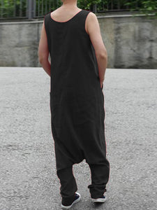 Sleeveless Solid Color Button Long Jumpsuit Overalls