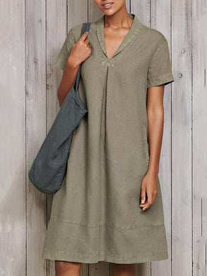 Paneled Solid Lapel Side Pockets Casual Midi Dress