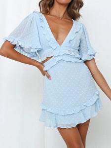 Deep V Short Sleeve Lace Backless Dress