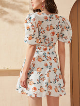 Load image into Gallery viewer, Puff Sleeve Floral Print Belted Schiffy Mini Dress