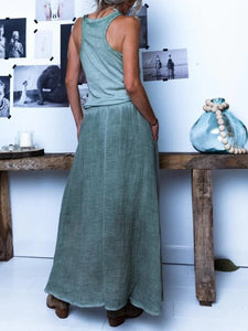 Round Neck Cotton Solid Sleeveless Maxi Dress