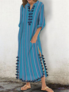 Stylish Casual Striped Slit V Neck Maxi Dresses