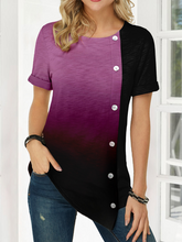 Load image into Gallery viewer, Color Gradient Asymmetric Hem Button Detail Short Sleeve T-Shirts