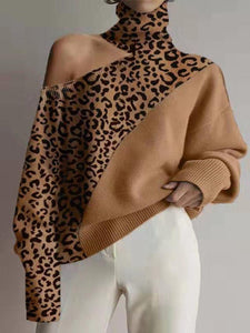 Leopard Patch Long Sleeve Off Shoulder Sweater