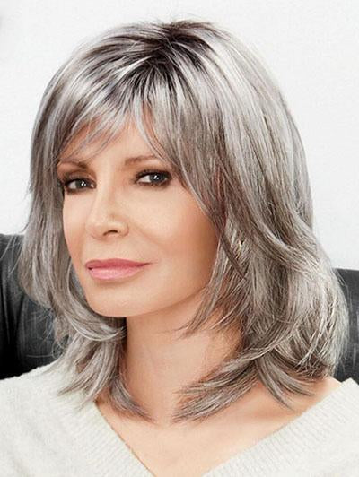 Silver Grey Mix Color Short Hair With Layers Slant Bangs Synthetic Wigs