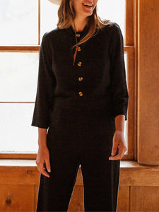 Fashion Casual Long Sleeve Buttoned Pocket Jumpsuit