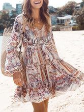 Load image into Gallery viewer, V-Neck Printed Long Sleeve Patchwork Dress