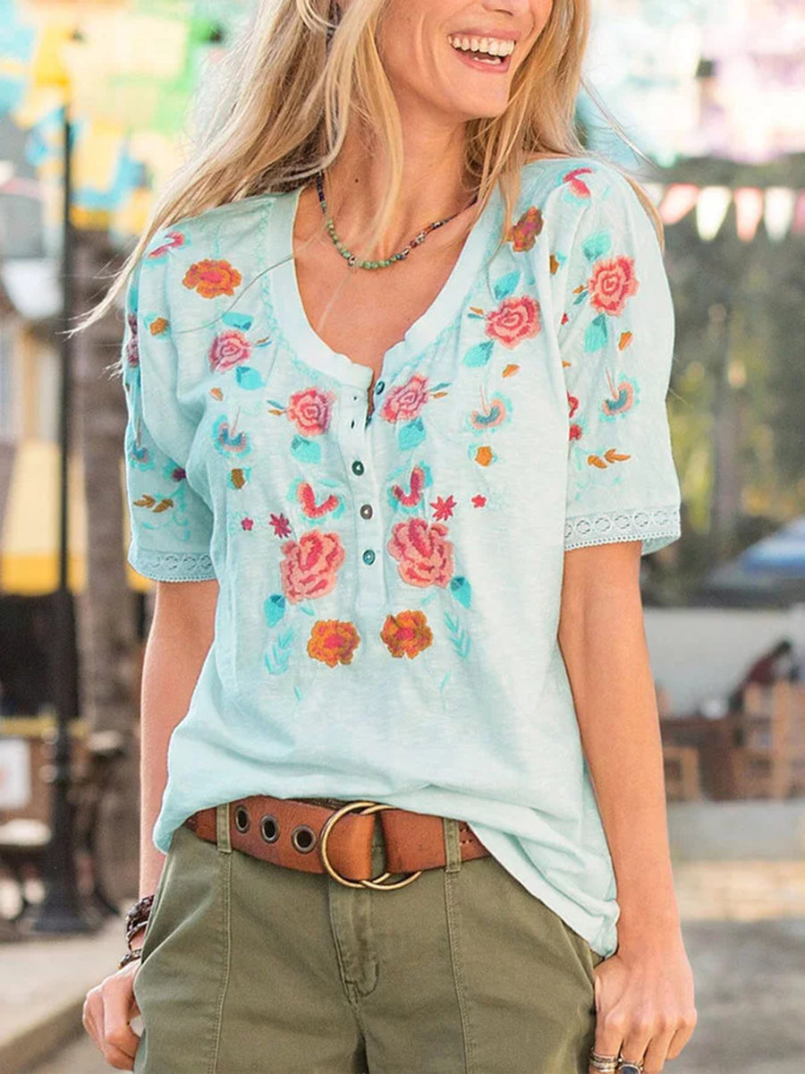 Casual Floral-Print Short Sleeve Shirts