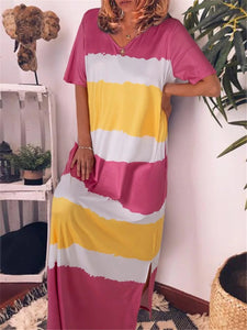 Rainbow Contrast V Neck Loose Maxi Dresses