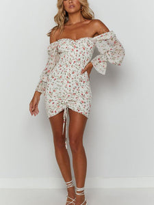 One Word Shoulder Wrapped Chest with Ruffles and Slim Flowers Mini Dress