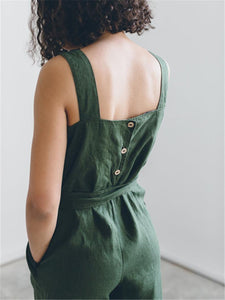 Fashion Solid Color Cotton Linen Collar Jumpsuits