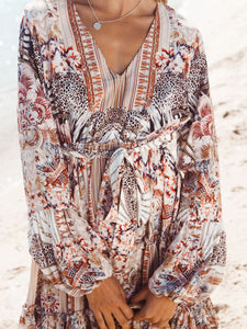 V-Neck Printed Long Sleeve Patchwork Dress