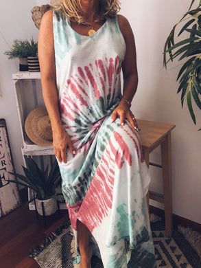 Simple Loose Contrast Short Sleeve Print V-Neck Long Dress