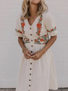 Printed Cotton and Linen Casual Dress